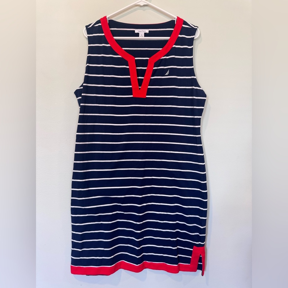 Nautica Navy and White Striped Sleeveless Dress with Red Trim